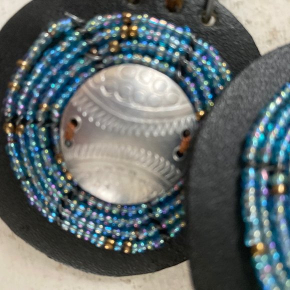 Aztec Concho Blue Beaded Black Leather Adjustable